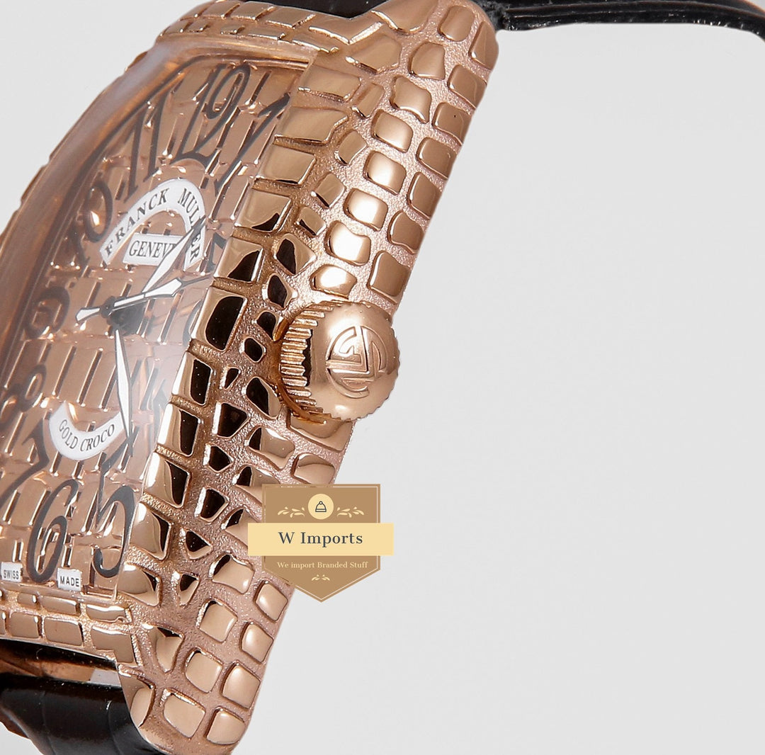 Latest Collection Gold Croco Rose Gold Case & Dial With Black Leather Strap Automatic Watch