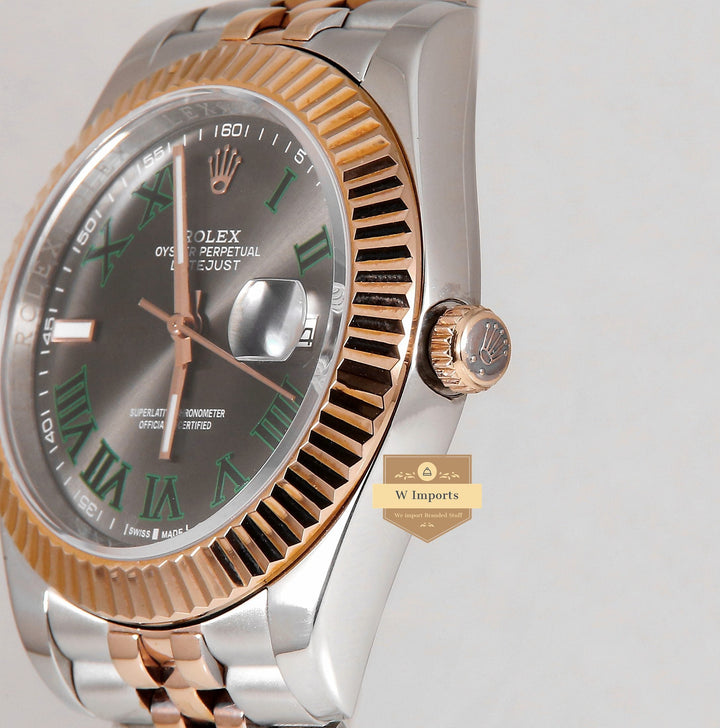 Latest Collection 41 Two Tone Rose Gold With Charcoal Grey Dial Fluted Bezel & Roman Numerals Automatic Watch RX Made