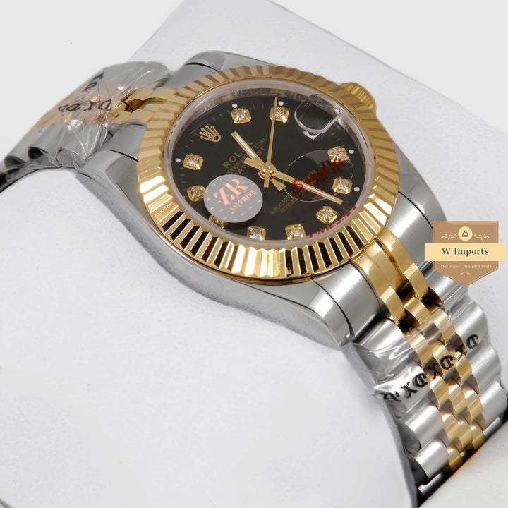 Latest Ladies Collection 31 Two Tone Yellow Golden With Black Dial Fluted Bezel & Stone Index Automatic Watch ZR Factory